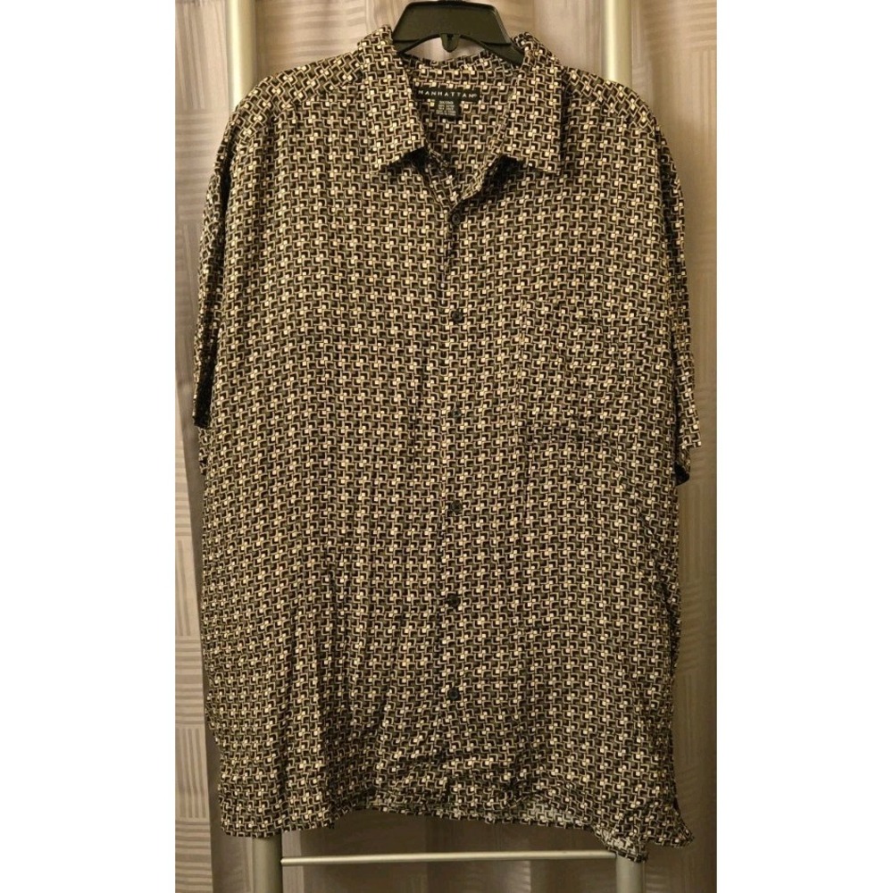 Manhattan Mens Short Sleeve Button Up‎ Shirt Green Tan Geo Print Casual Size 3XL
